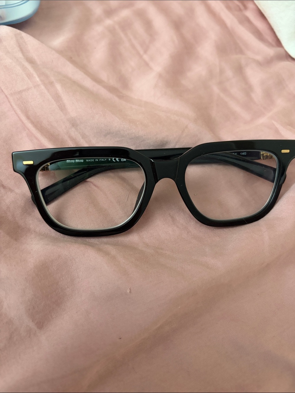 Miu Miu Black womens Square Acetate Glasses with Gold Accents